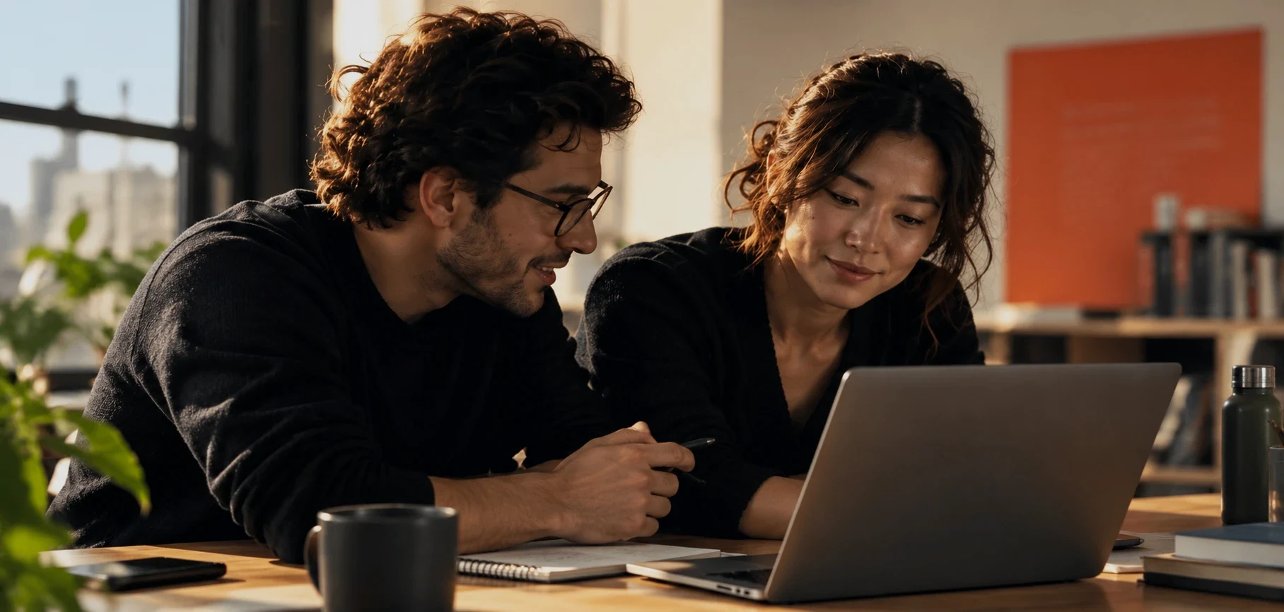 Two marketing collaborators reviewing content together